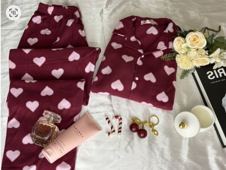 بيجاما فليز ناعم خمري قلب زهر