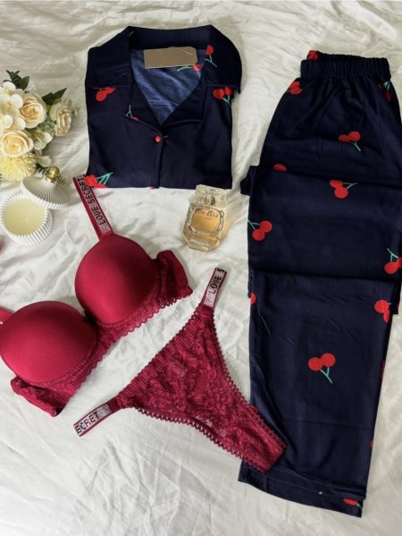 بيجاما فليز ناعم كحلي مع كرز احمر