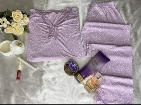 بيجاما قطن زبدة لون نهدي نقط ابيض نص كم