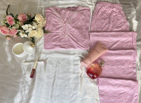 بيجاما قطن زبدة لون زهر مع ببيونة نص كم