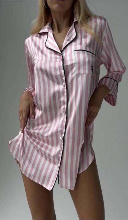 قميص نوم victoria secret ستان ناعم زهر مقلم ابيض