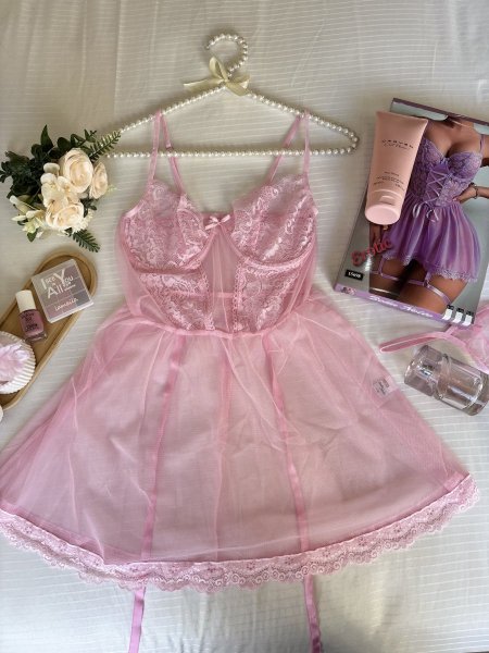 Baby doll زهر  انثوي دانتيل ٣ قطع (قميص نوم + اندر + ربطة الاجر )