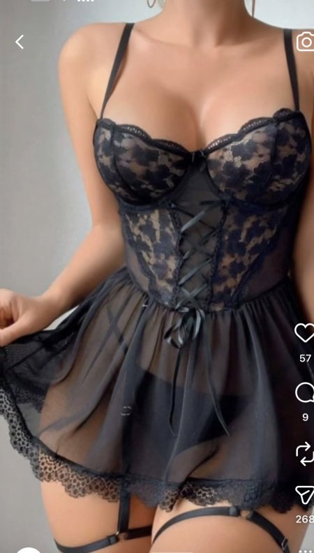 Baby doll اسود انثوي دانتيل ٣ قطع (قميص نوم + اندر + ربطة الاجر )